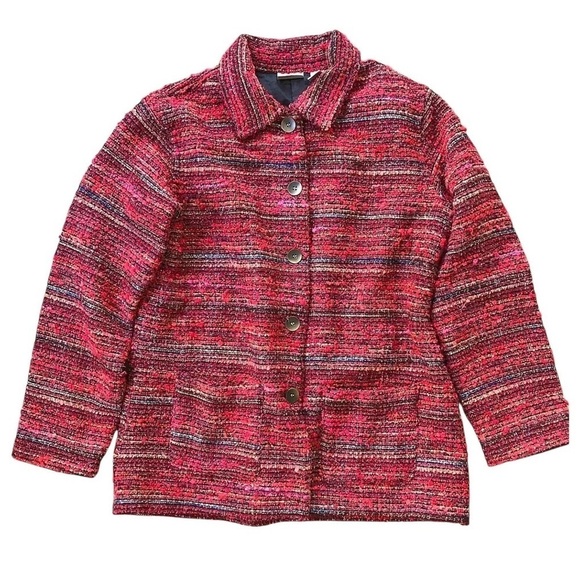 Chicos Tweed Boucle Metallic Shimmer Striped Buttoned Jacket Red Size 1/M - Picture 1 of 7